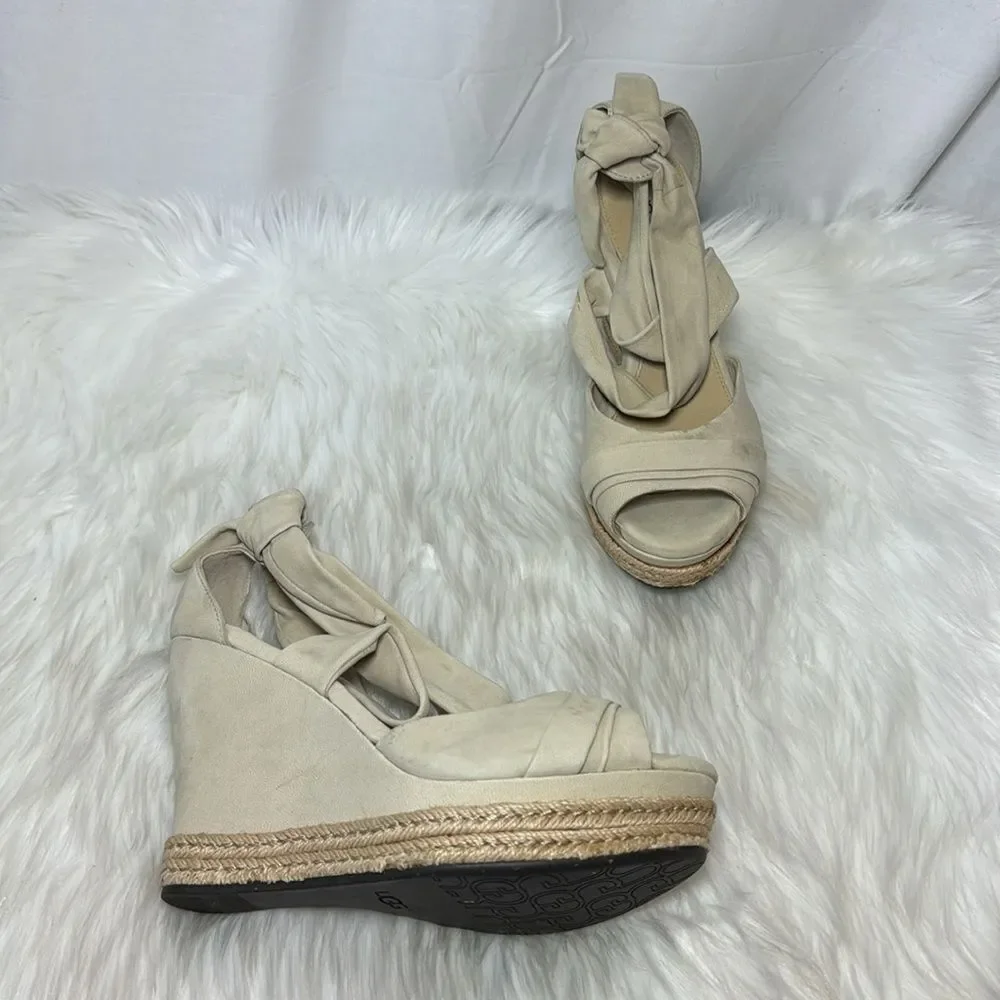 UGG Lucy‎ Ankle Light Tan Twist Wrap Jute Wedge Platform Sandals Sz 8.5